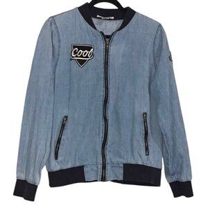 Say What? Denim Bomber Jacket With Patches & Ribbed Trim